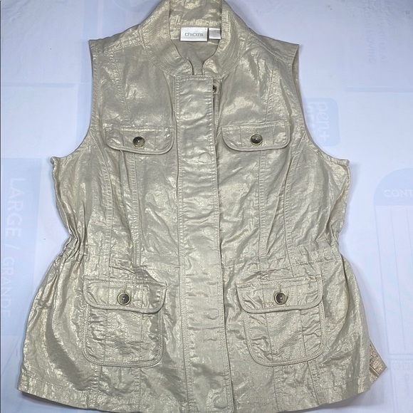 Chico's Khaki Utility Vest with Metallic Sheen - Picture 1 of 8